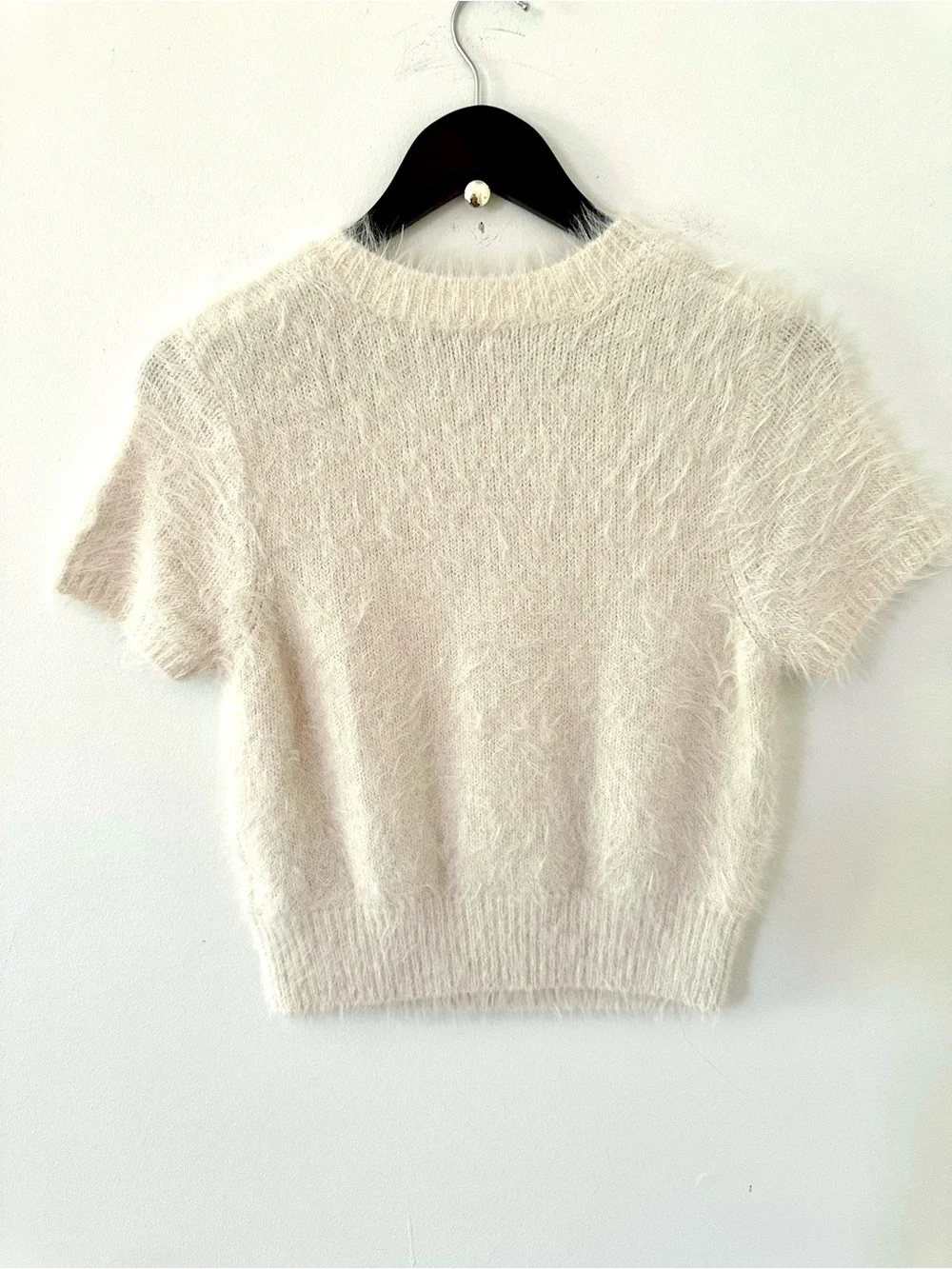 Free People Cream Fuzzy Short-Sleeve Crew Sweater